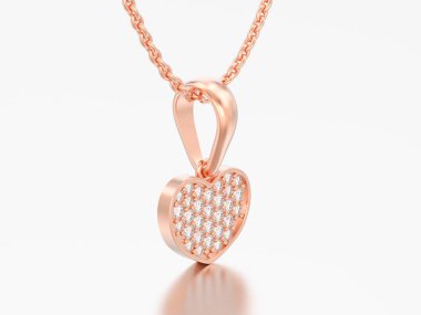 Altın Pırlanta Kalp Kolye Zinciri üzerinde gri bir arka plan üzerinde 3D illüstrasyon kırmızı gül