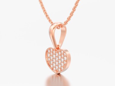 Altın Pırlanta Kalp Kolye Zinciri üzerinde gri bir arka plan üzerinde 3D illüstrasyon kırmızı gül