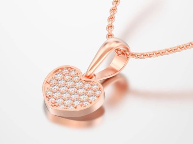 Altın Pırlanta Kalp Kolye Zinciri üzerinde gri bir arka plan üzerinde 3D illüstrasyon kırmızı gül