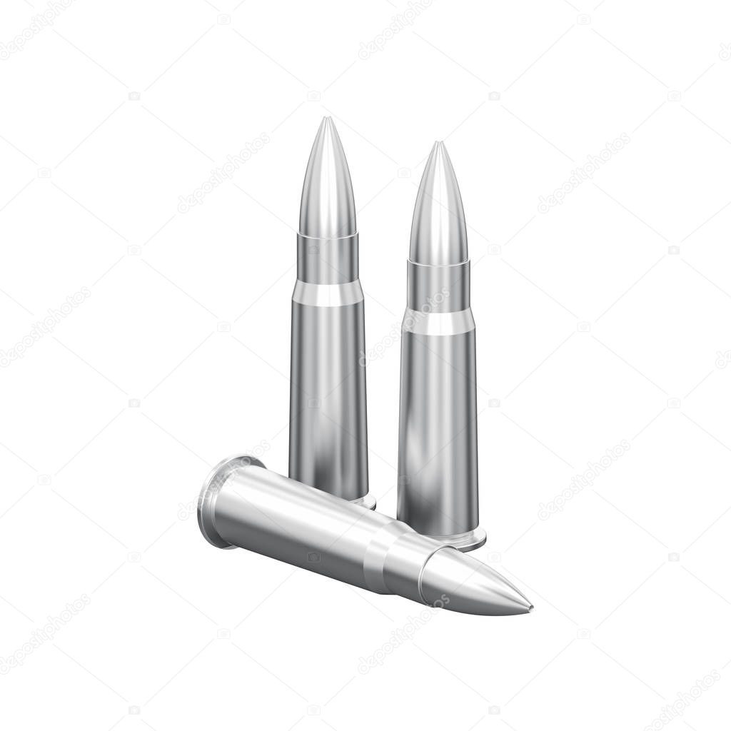 3D illustration isolated group of three silver chrome bullets cartridge on a white background