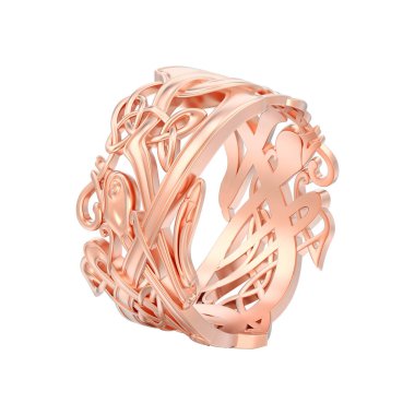 3D illüstrasyon izole gül kırmızı altın nişan düğün band benzersiz yüzük beyaz bir arka plan üzerinde