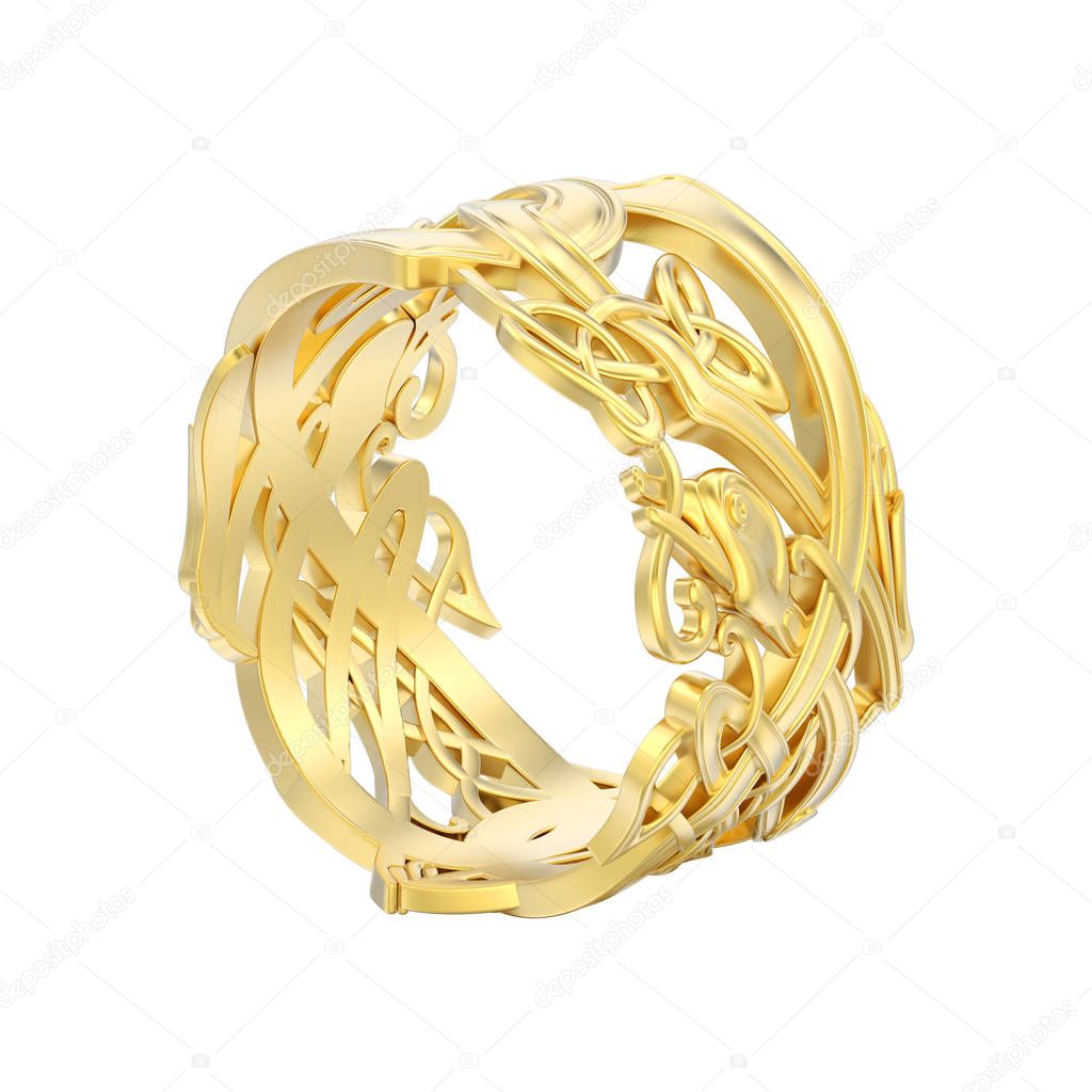 3D illustration isolated yellow gold engagement wedding band unique ring on a white background