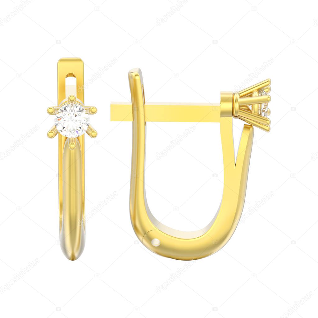 3D illustration isolated yellow gold diamond solitaire earrings with hinged lock on a white background