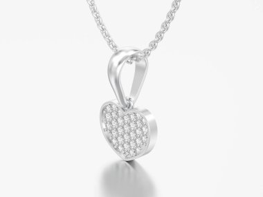 3D illüstrasyon takı beyaz altın veya gümüş pırlanta kalp Kolye Zinciri üzerinde gri bir arka plan üzerinde