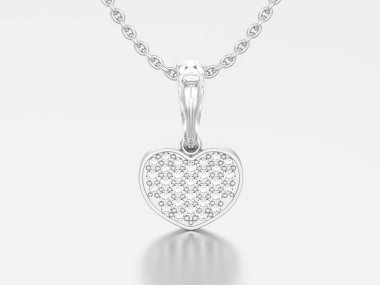 3D illüstrasyon takı beyaz altın veya gümüş pırlanta kalp Kolye Zinciri üzerinde gri bir arka plan üzerinde