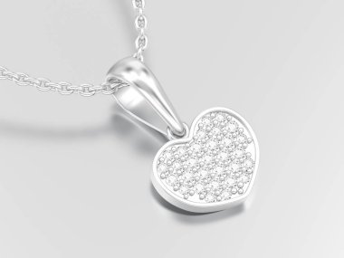 3D illüstrasyon takı beyaz altın veya gümüş pırlanta kalp Kolye Zinciri üzerinde gri bir arka plan üzerinde