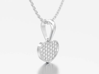 3D illüstrasyon takı beyaz altın veya gümüş pırlanta kalp Kolye Zinciri üzerinde gri bir arka plan üzerinde