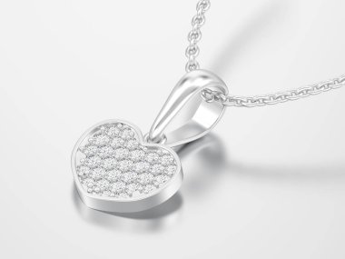 3D illüstrasyon takı beyaz altın veya gümüş pırlanta kalp Kolye Zinciri üzerinde gri bir arka plan üzerinde