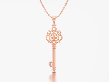 3D illüstrasyon kırmızı elmas gri bir arka plan üzerinde zinciri üzerinde altın dekoratif anahtar kolye gül