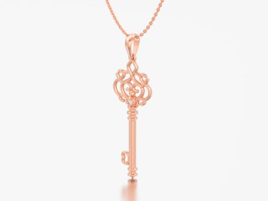 3D illüstrasyon kırmızı elmas gri bir arka plan üzerinde zinciri üzerinde altın dekoratif anahtar kolye gül