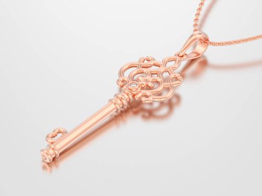 3D illüstrasyon kırmızı elmas gri bir arka plan üzerinde zinciri üzerinde altın dekoratif anahtar kolye gül