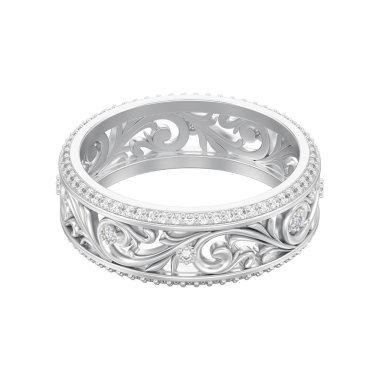 3D illüstrasyon izole takı beyaz altın veya Gümüş Nişan Alyans Yüzük eğrisi süsleme dışarı ile