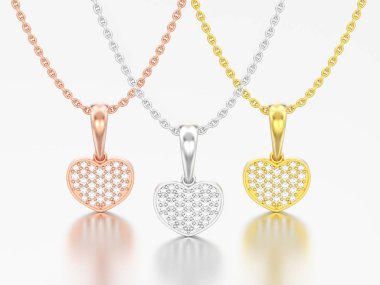 3D resimde üç takı kırmızı gül sarı beyaz altın veya gümüş pırlanta kalp Kolye Zinciri üzerinde gri bir arka plan üzerinde