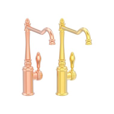iki gül ve sarı altın krom vintage eski musluk beyaz bir arka plan üzerinde 3D illüstrasyon izole
