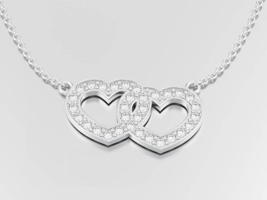 3D resimde takı iki kupa beyaz altın veya gümüş elmas kolye zinciri üzerinde gri bir arka plan üzerinde