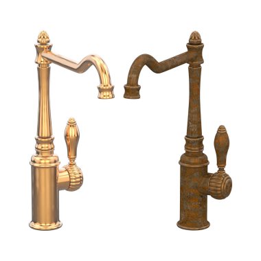 iki farklı uygun olmayan kırık paslı vintage eski musluk ve beyaz bir arka plan üzerinde yeni cooper musluk 3D illüstrasyon izole