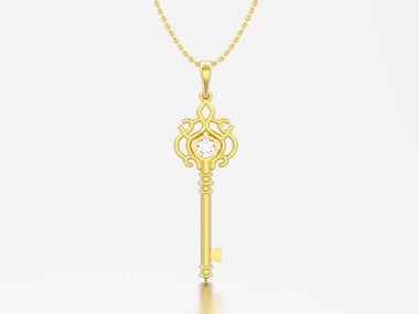 3D resimde sarı altın dekoratif anahtar kolye zinciri üzerinde gri bir arka plan üzerinde elmas