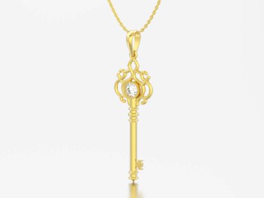 3D resimde sarı altın dekoratif anahtar kolye zinciri üzerinde gri bir arka plan üzerinde elmas