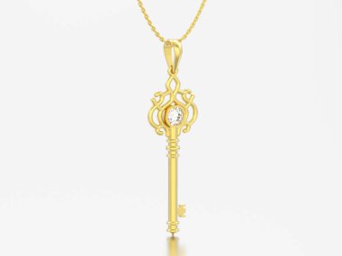 3D resimde sarı altın dekoratif anahtar kolye zinciri üzerinde gri bir arka plan üzerinde elmas