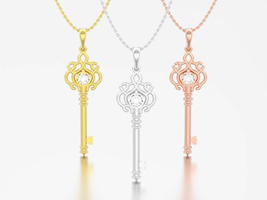 3D şekil üç sarı gül ve altın veya gümüş dekoratif anahtar kolye zinciri üzerinde gri bir arka plan üzerinde elmas ile beyaz