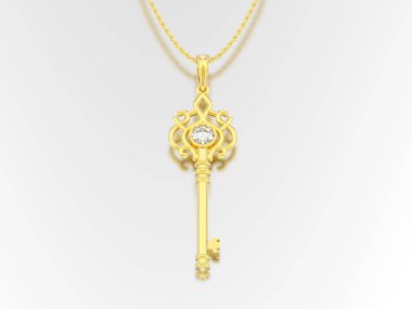 3D resimde sarı altın dekoratif anahtar kolye zinciri üzerinde gri bir arka plan üzerinde elmas