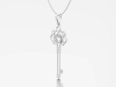 3D resimde beyaz altın veya gümüş dekoratif anahtar kolye zinciri üzerinde gri bir arka plan üzerinde elmas