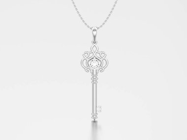 3D resimde beyaz altın veya gümüş dekoratif anahtar kolye zinciri üzerinde gri bir arka plan üzerinde elmas