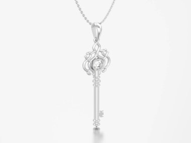 3D resimde beyaz altın veya gümüş dekoratif anahtar kolye zinciri üzerinde gri bir arka plan üzerinde elmas