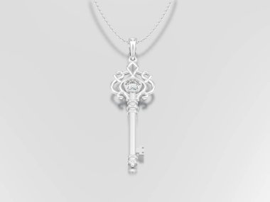 3D resimde beyaz altın veya gümüş dekoratif anahtar kolye zinciri üzerinde gri bir arka plan üzerinde elmas