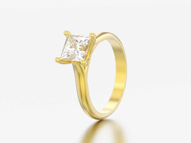 3D resimde sarı altın nişan yanılsama elmas yüzükle gri bir arka plan üzerinde bükülmüş.