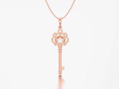 3D illüstrasyon kırmızı elmas gri bir arka plan üzerinde zinciri üzerinde altın dekoratif anahtar kolye gül