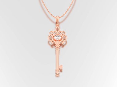 3D illüstrasyon kırmızı elmas gri bir arka plan üzerinde zinciri üzerinde altın dekoratif anahtar kolye gül