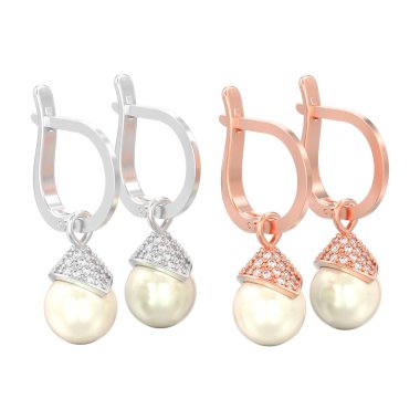 iki gül 3D illüstrasyon izole ve beyaz altın veya gümüş inci elmas küpe ile beyaz bir arka plan üzerinde kilit menteşeli