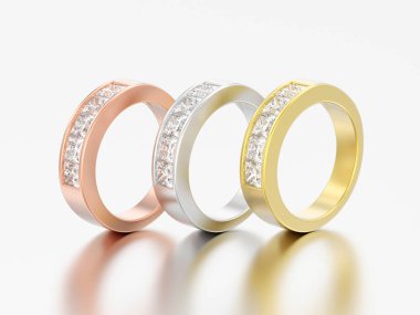 3D illüstrasyon üç basit klasik sarı gül ve gri bir arka plan üzerinde beyaz altın veya gümüş elmas yüzük