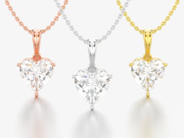 3D resimde üç sarı ve gül ve zincir gri bir arka plan üzerinde beyaz altın veya gümüş büyük kalp elmas kolye