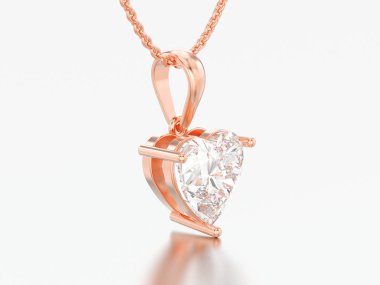 Altın büyük kalp elmas kolye zinciri üzerinde gri bir arka plan üzerinde 3D illüstrasyon kırmızı gül