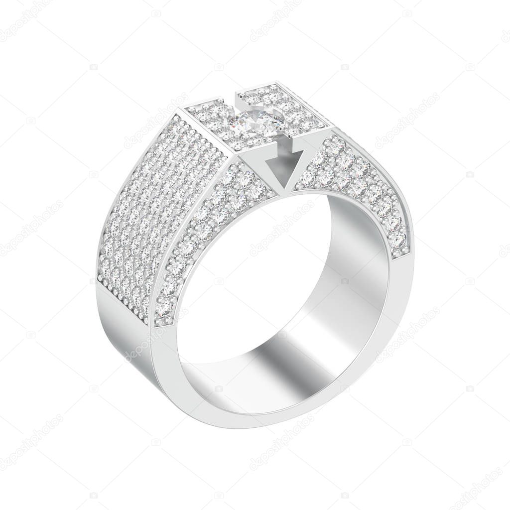 3D illustration isolated white gold or silver diamond signet ring on a white background