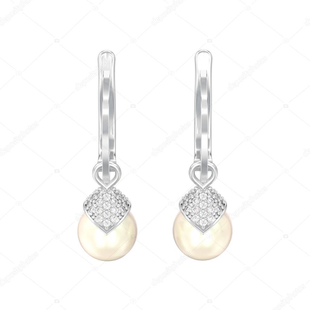 3D illustration isolated white gold or silver pearl diamond earrings with hinged lock on a white background