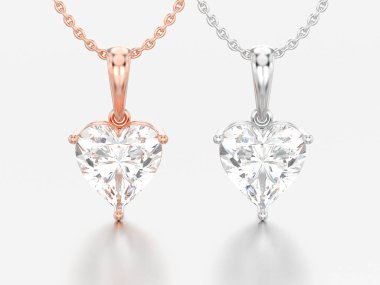 3D resimde iki gül ve zincir gri bir arka plan üzerinde beyaz altın veya gümüş büyük kalp elmas kolye