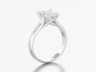 3D resimde beyaz altın veya gümüş nişan yanılsama elmas yüzükle gri bir arka plan üzerinde bükülmüş.