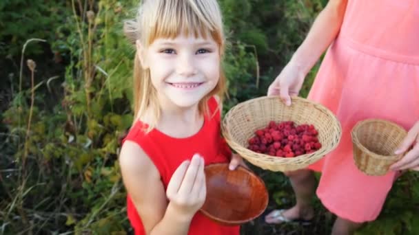 Mädchen isst reife rote saftige Himbeere im Garten — Stockvideo