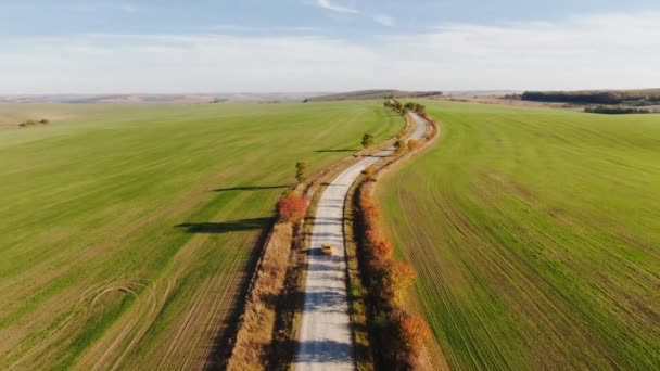 秋の道路の車の空中ビュー。秋のスカイビューカントリーロード。フィールドと高速道路のドローンビュー。視野上の車の道路 — ストック動画