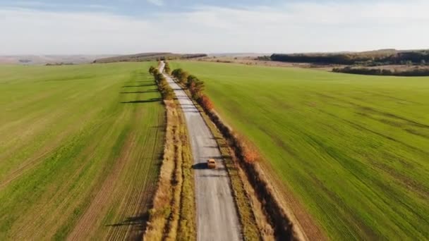 秋の道路の車のズーム空中ビュー。秋のスカイビューカントリーロード。フィールドと高速道路のドローンビュー。視野上の車の道路 — ストック動画