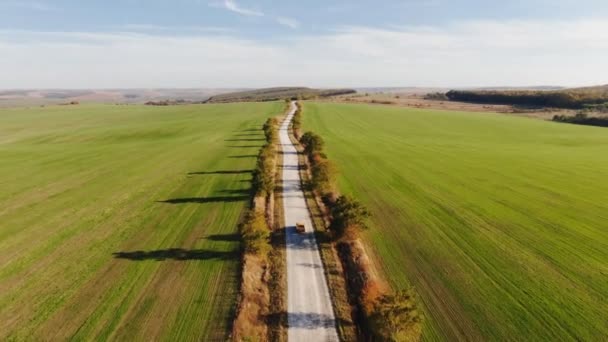 Aerial view of autumn road car. Skyl view country road in autumn. Field and highway road drone view. Car road in field top view — Stock Video