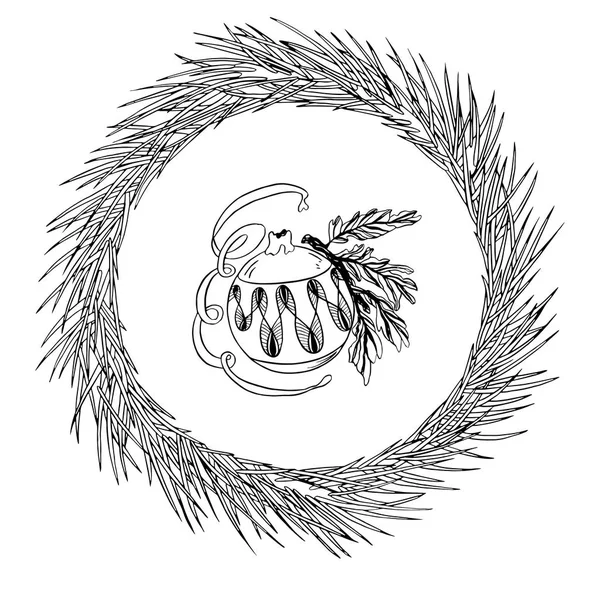 Tannenbaum-Weihnachtskranz und Silvester-Spielzeugball. Tintenillustration. — Stockfoto