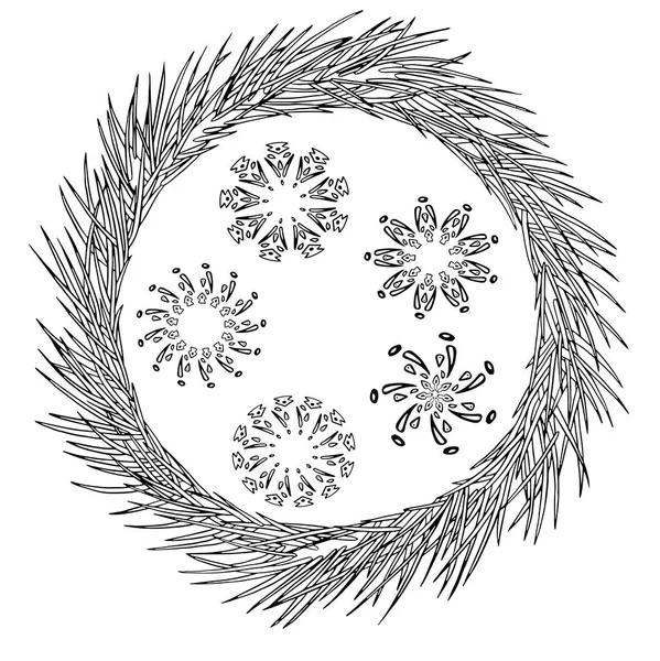 Vector Conjunto de copos de nieve de formas geométricas y corona de pino. Navidad. Tarjeta de Año Nuevo — Vector de stock