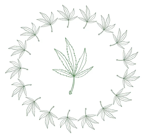 Dekorativa illustration grön ledighet av stor hampa i rund ram — Stockfoto