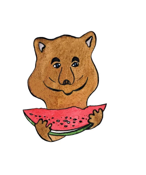Kırmızı watermeloon dilimli suluboya küçük ayı — Stok fotoğraf