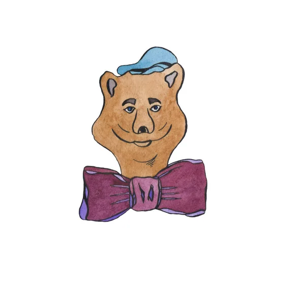 Akvarell barna kis medve ibolyaszín masnival és sapkával — Stock Fotó