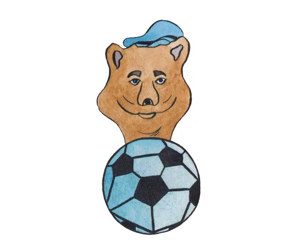 Aquarelle marron petit ours en chapeau de capitaine et ballon de football — Photo